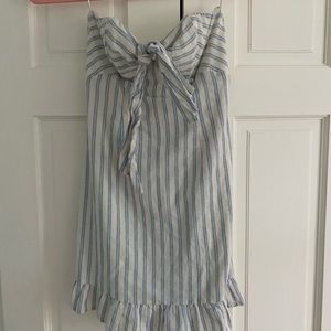 Blue and white striped strapless dress